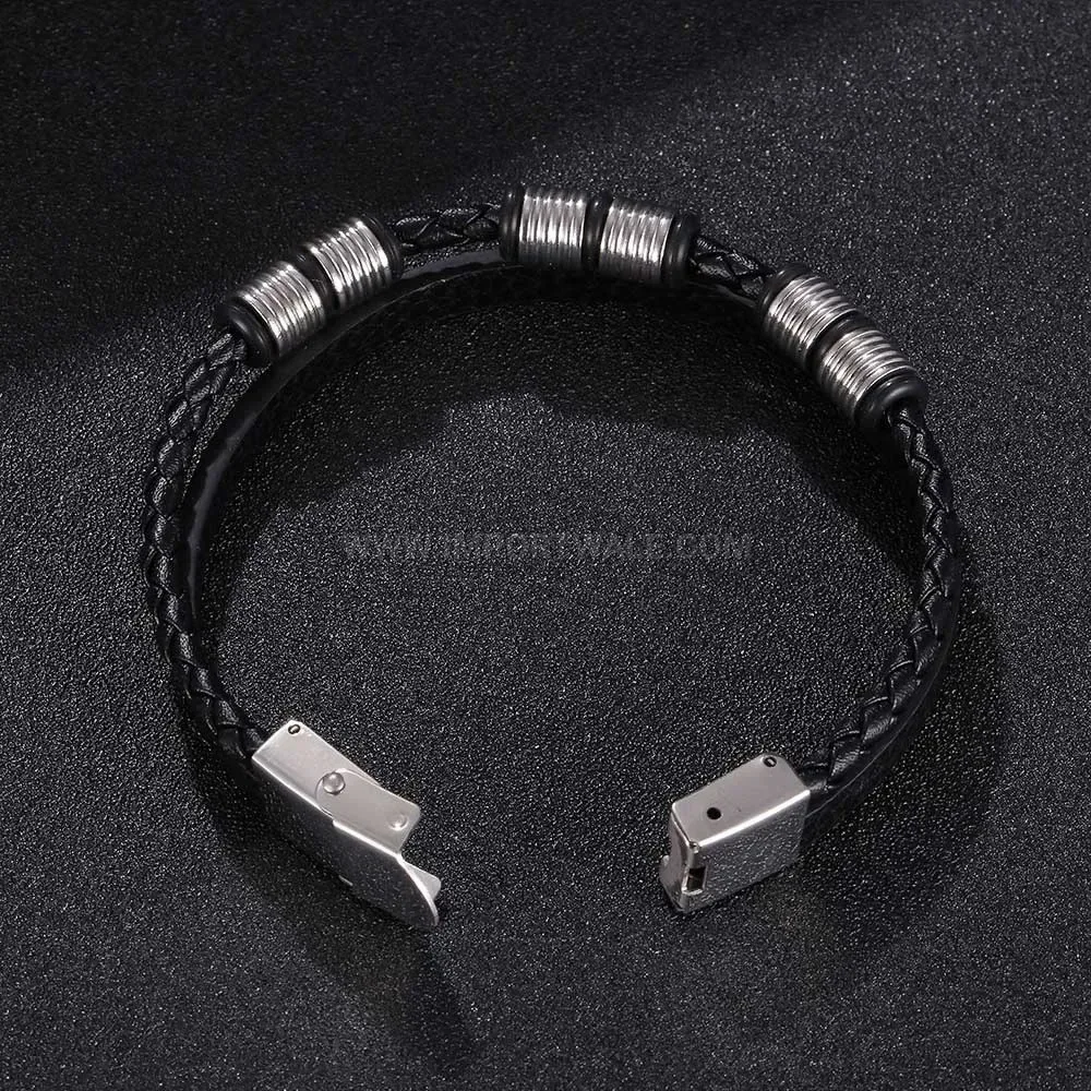 Double Strand Woven Leather Bracelet with Stainless Steel Safety Clasp