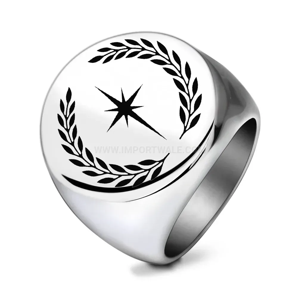 Designer Laser Engraved Stainless Steel Leaf Star Round Ring