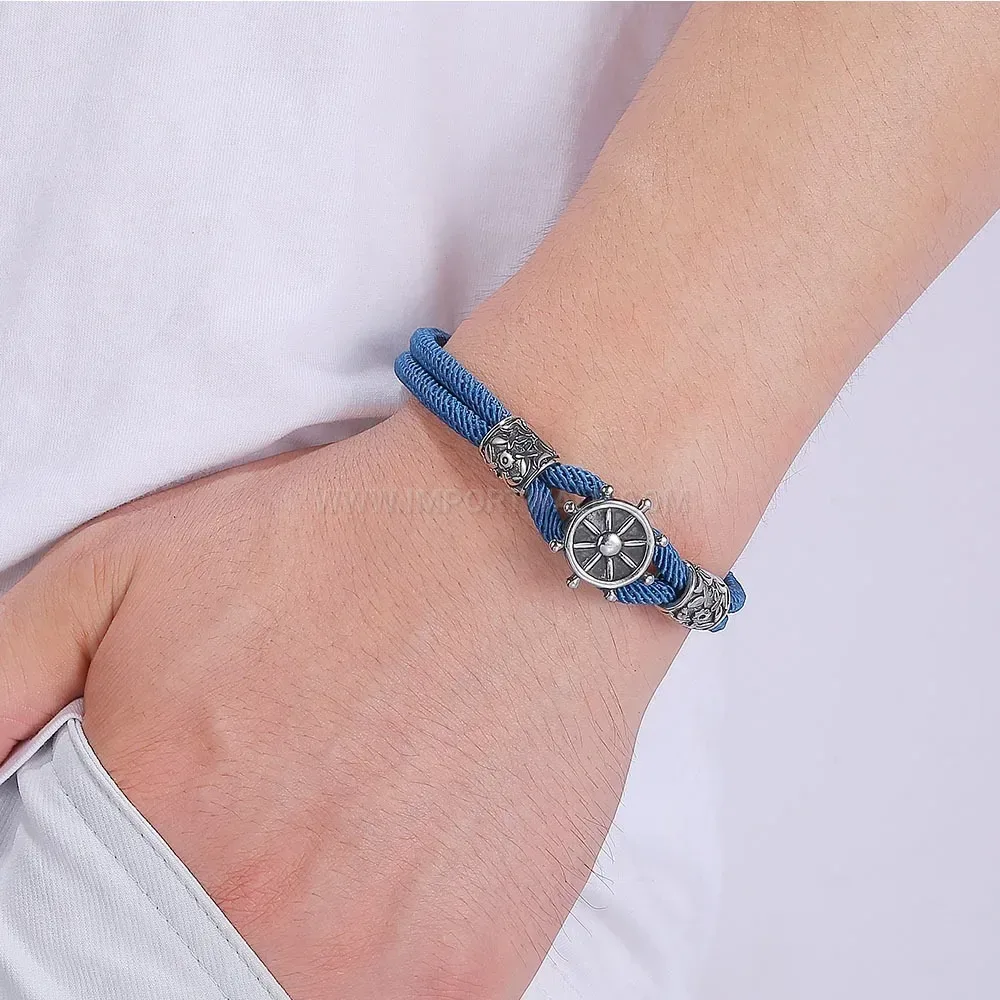 Blue Milan Cord Stainless Steel Anchor Bracelet with Magnetic Clasp