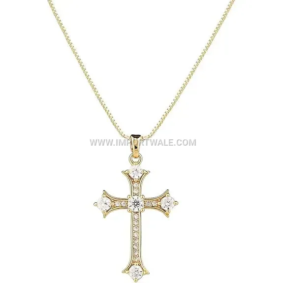 Zircon Studded Stainless Steel Cross Pendant Link Chain Necklace