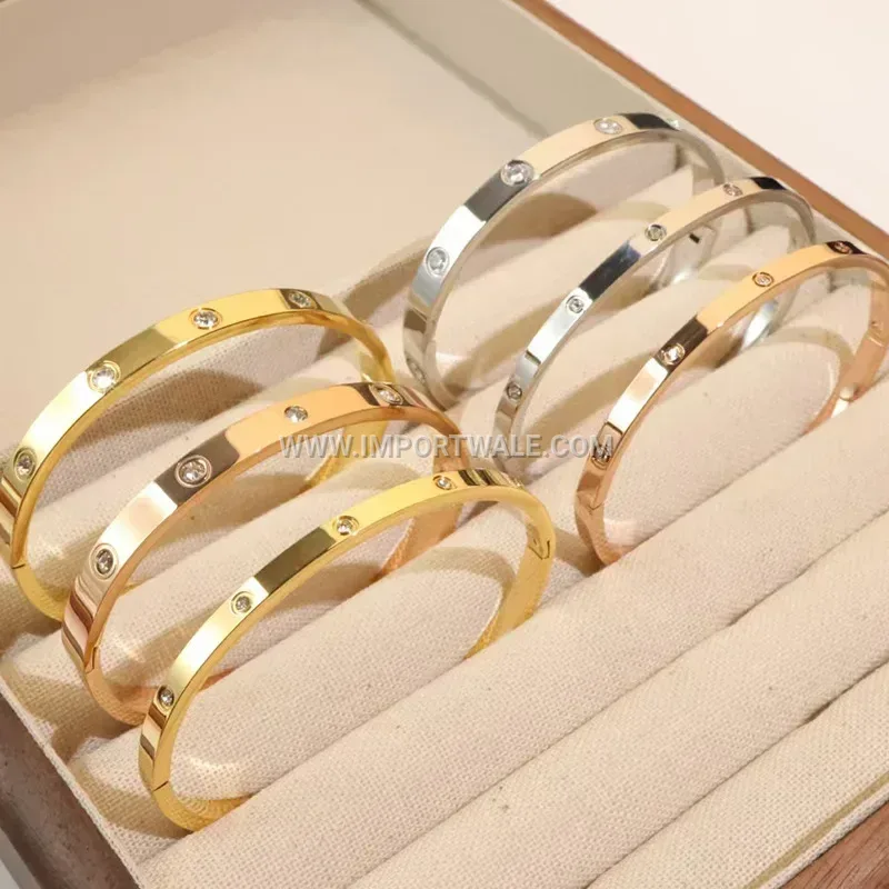 Zircon Studded Brass Bangle Wristband with Elegant Buckle Closure
