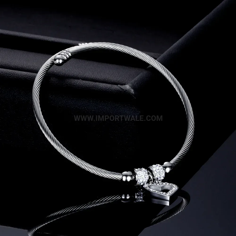 Trendy Adjustable Stainless Steel Cable Wire Cuff Bangle with Crystal Beads