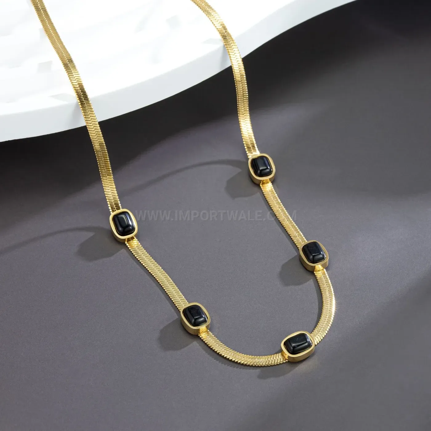 Classic Sleek Titanium Steel Snake Chain Necklace with Black Rhinestone Accent