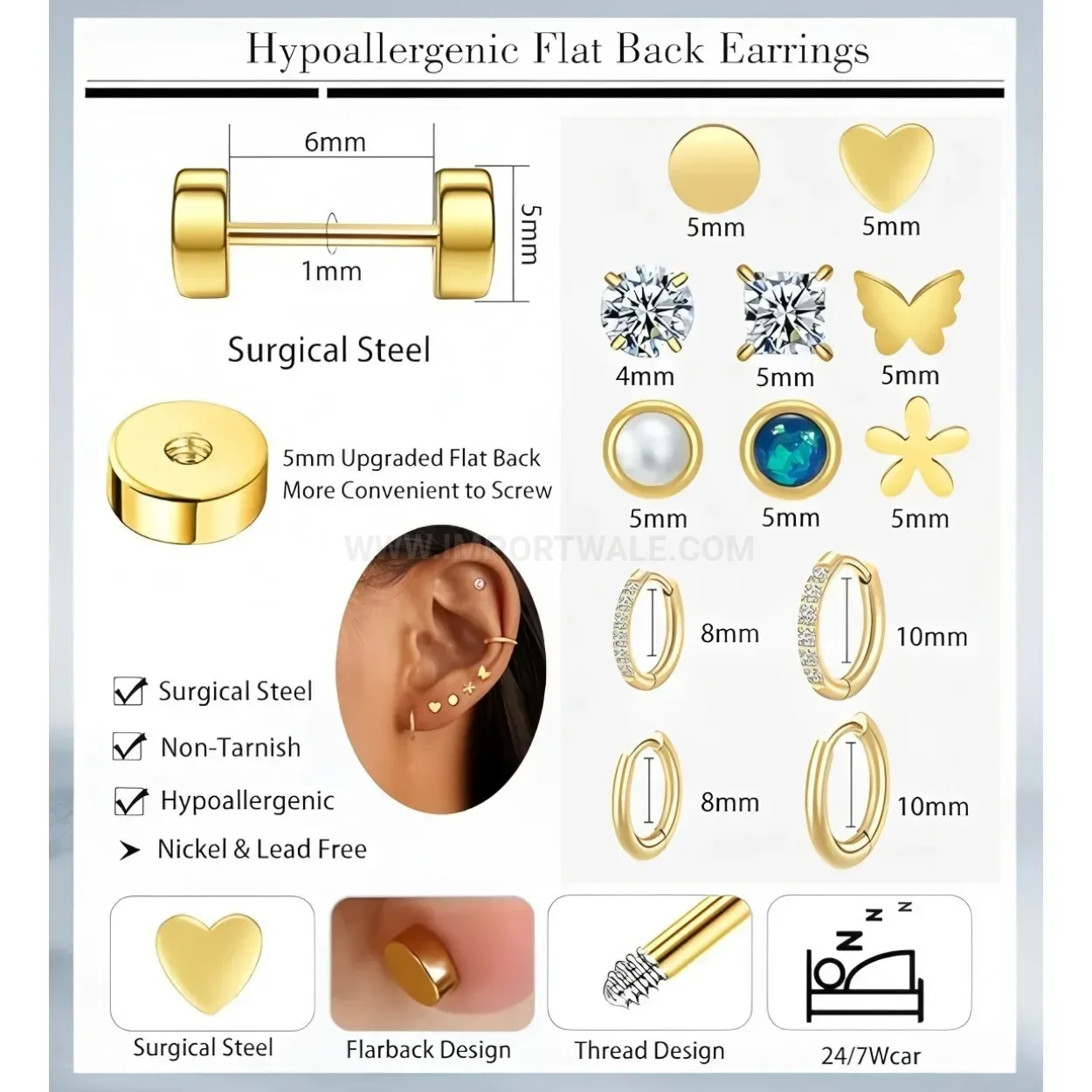 Fashion Stainless Steel Flat Back Geometric Ear Cartilage Piercing Stud Set