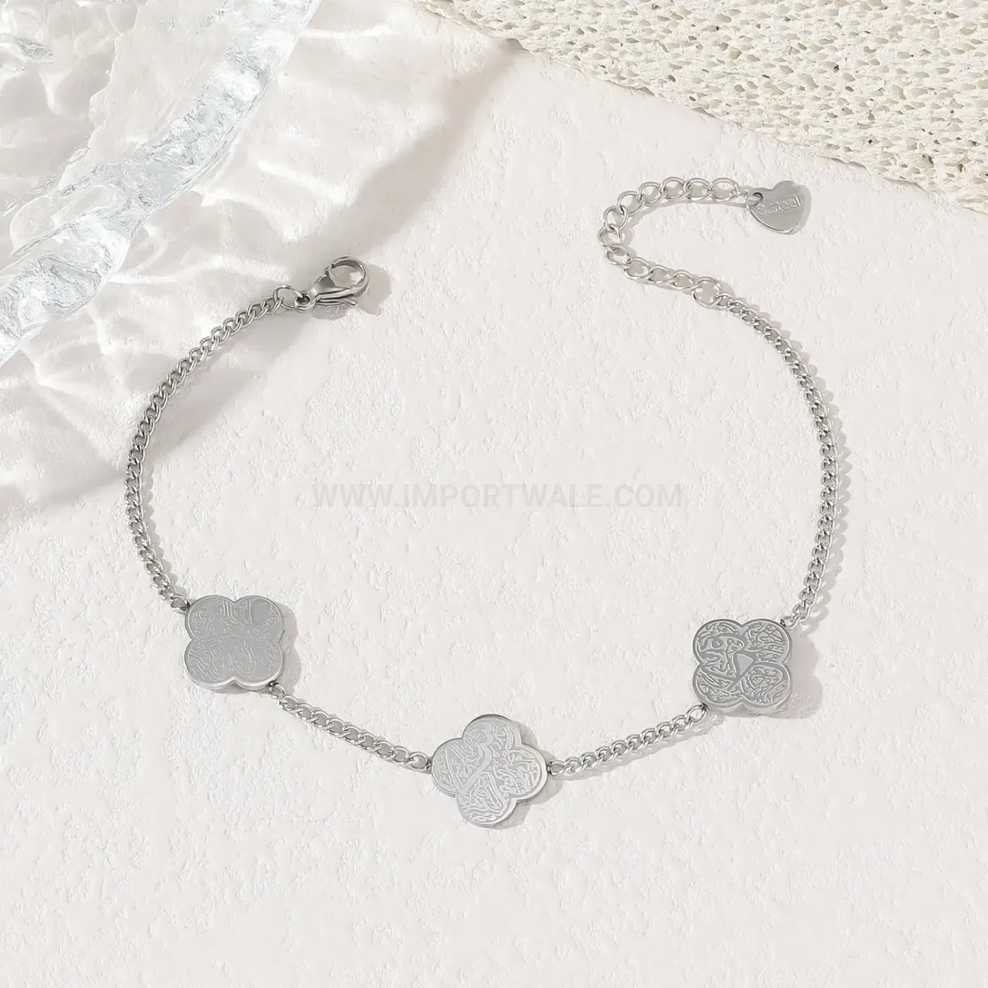 Stainless Steel Islamic Clover Engraved Charm Bracelet