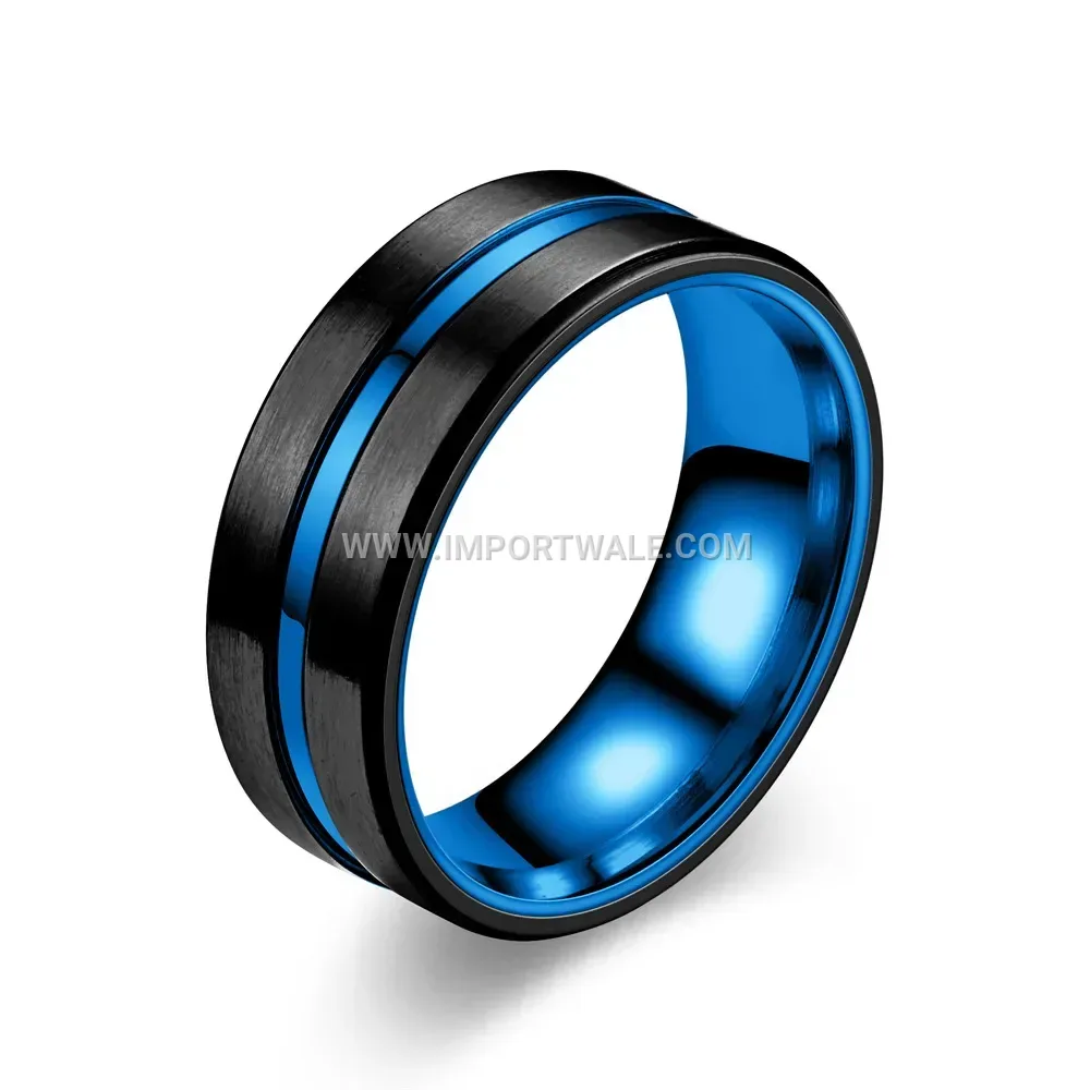 Grooved Beveled Stainless Steel Ring with Blue Accent