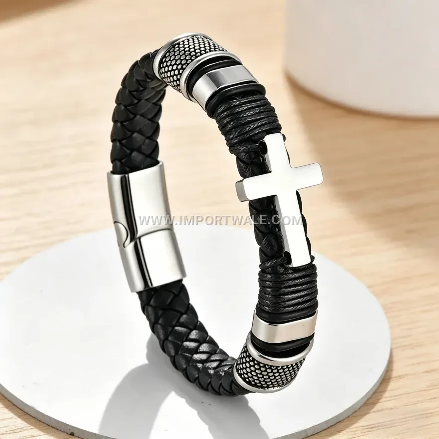 Men's Braided Leather Cross Element Magnetic Clasp Bracelet