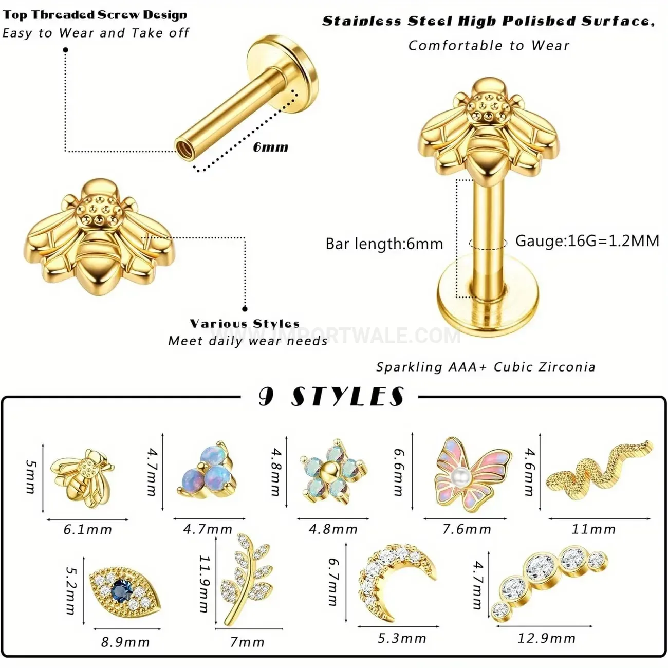 Designer Sparkling Cubic Zirconia Flower and Butterfly Piercing Stud Set
