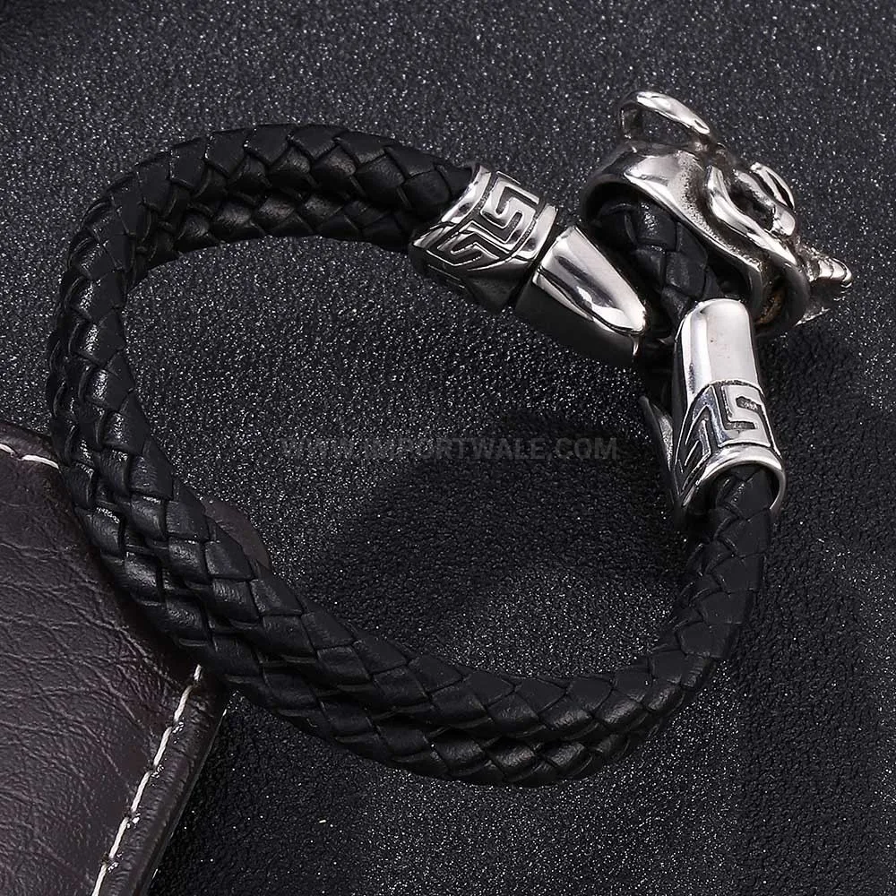 Men's Braided Leather Double Wrap Skeleton Bracelet in Stainless Steel