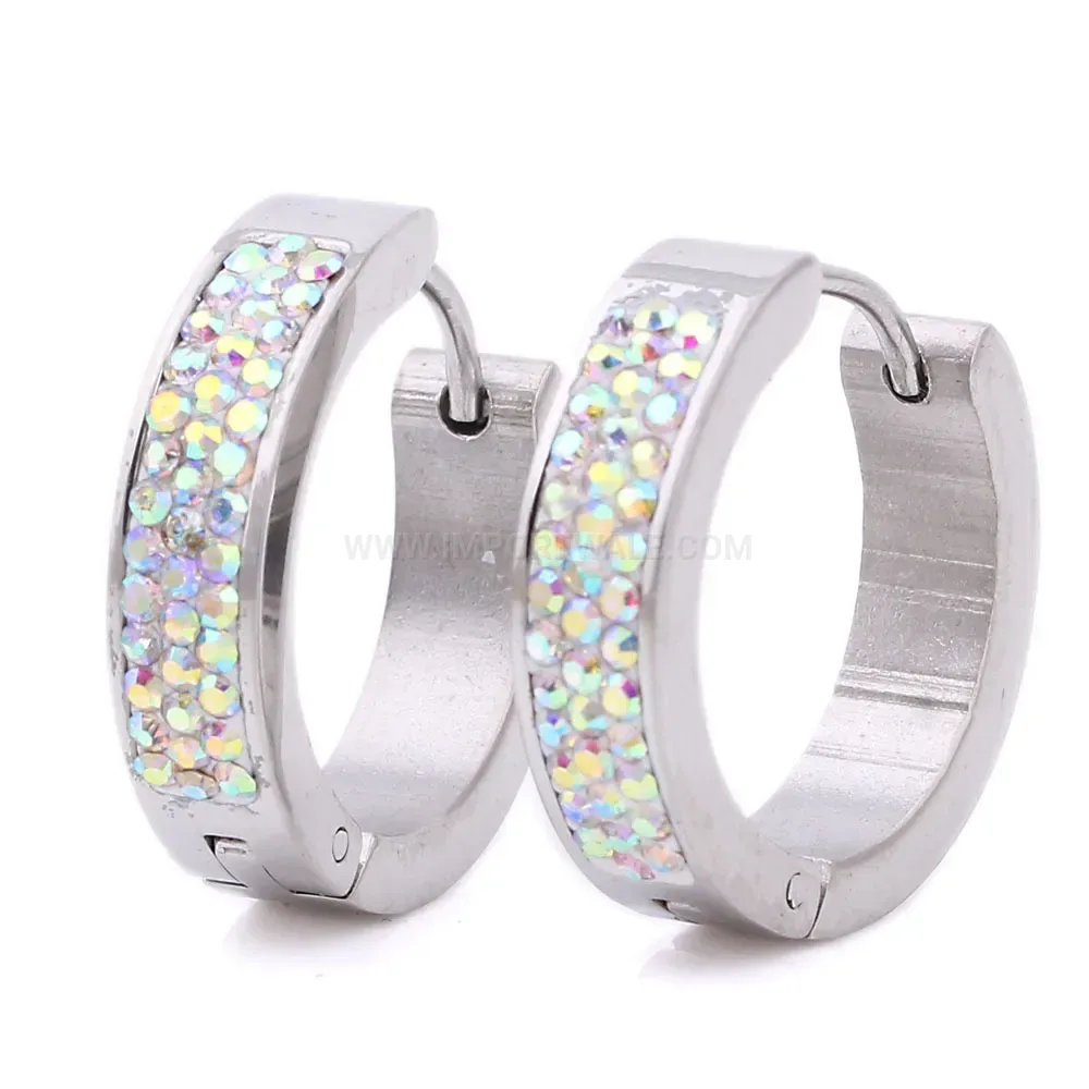Designer Triple-Row Crystal Embellished Stainless Steel Huggie Earrings