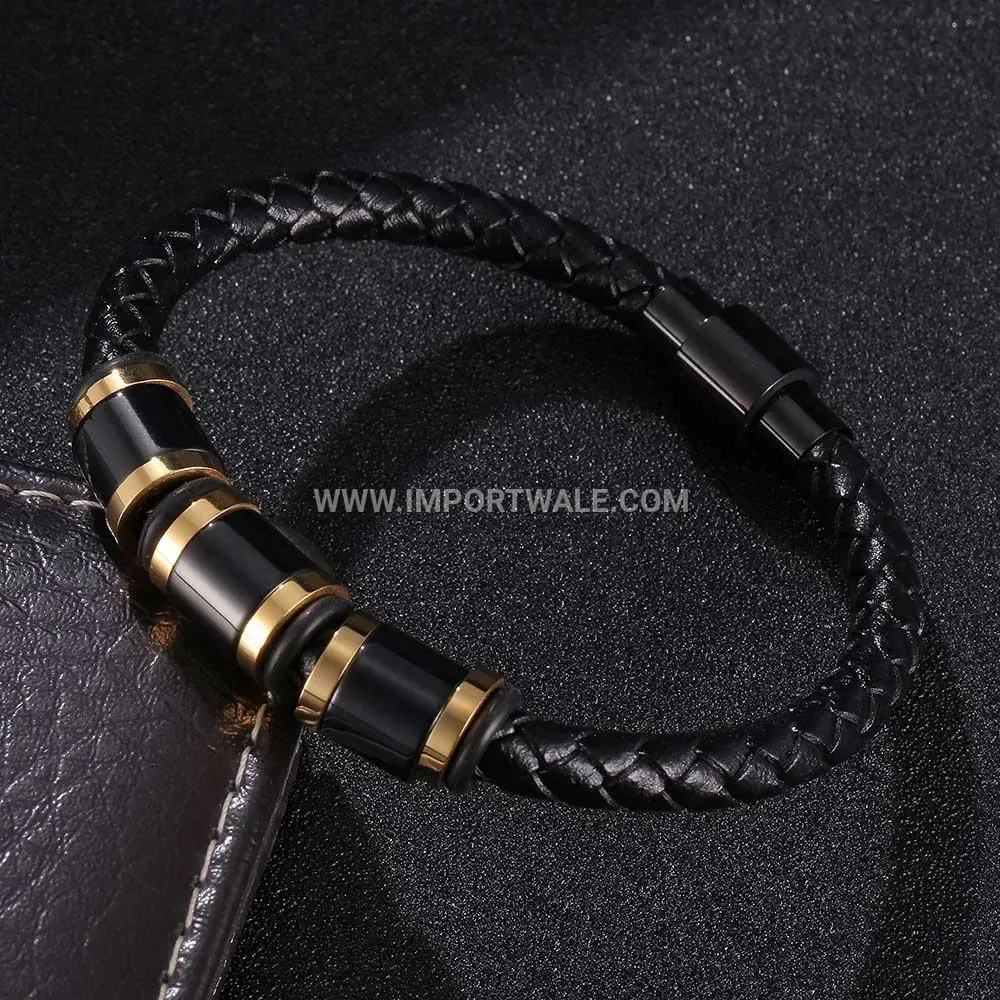Geometric Stainless Steel and Leather Strap Wristband Bracelet