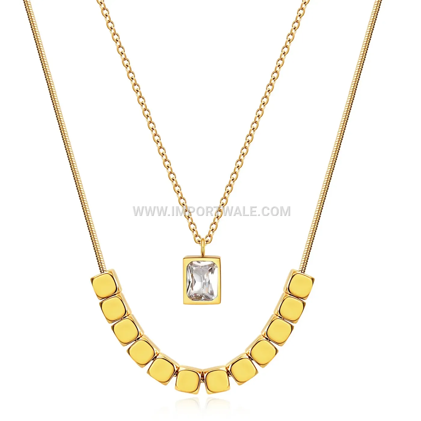 Layered Geometric Stainless Steel Cubic Zirconia Pendant Necklace