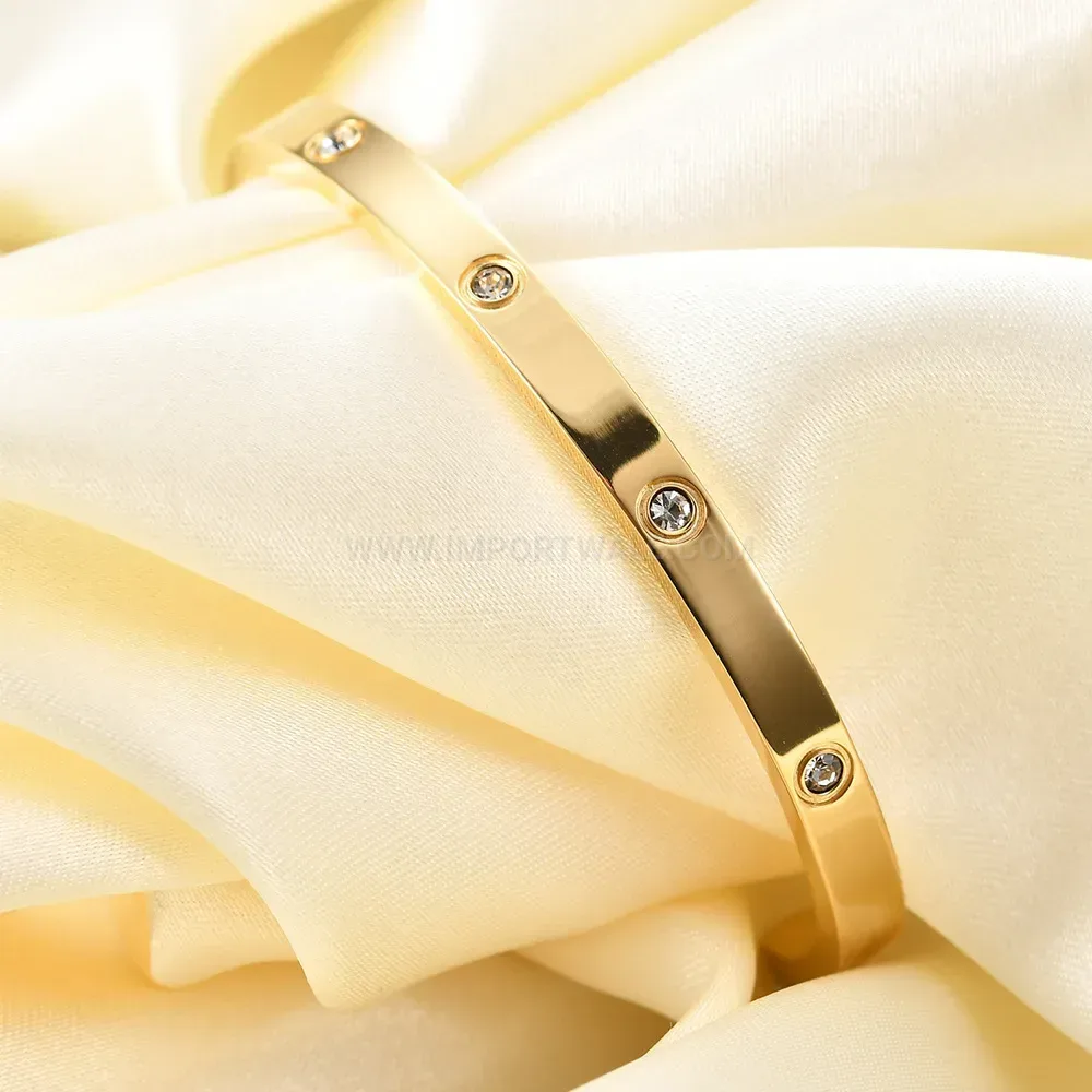 Chic Embellished C-Shaped 18K Gold Plated Stainless Steel Bangle
