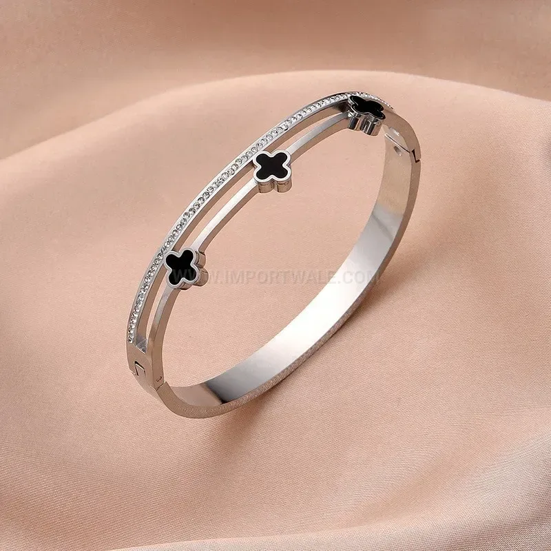 Premium Triple Clover Rhinestone Titanium Steel Bangle Bracelet