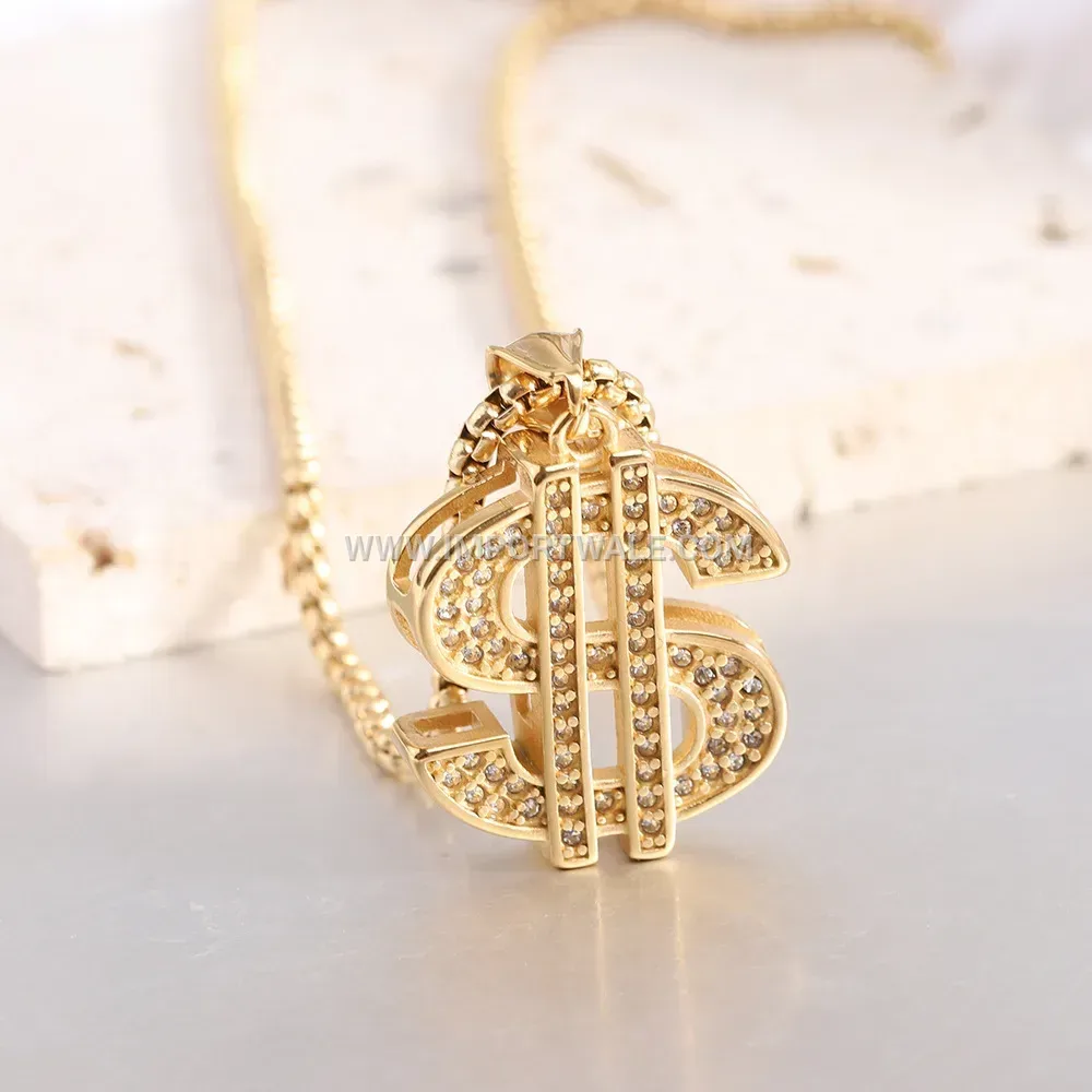Rhinestone Dollar Sign Pendant Stainless Steel Necklace