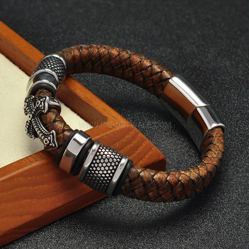 Designer Braided Leather Cross Accent Stainless Steel Men's Bracelet
