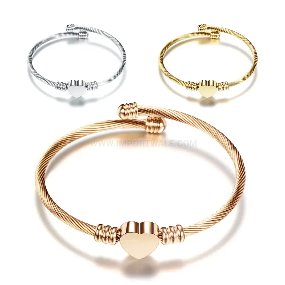Fashion Stainless Steel Open Cable Wire Heart Motif Bangle