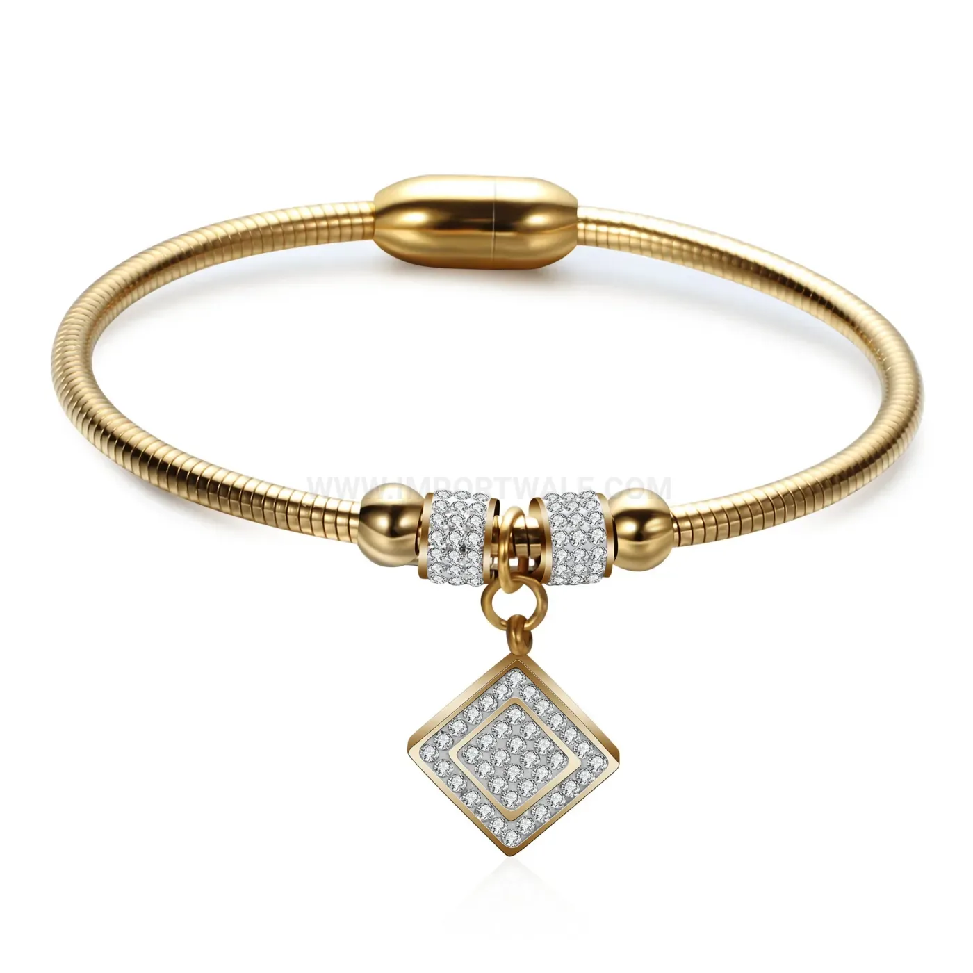 Designer Square Rhinestone Charm Snake Chain Magnetic Stainless Steel Bangle