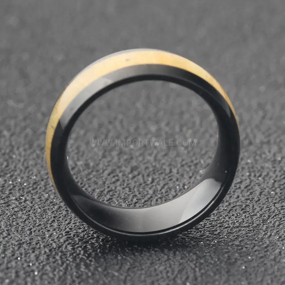 Elegant Minimalist Wood Grain Inlay Stainless Steel Band Ring