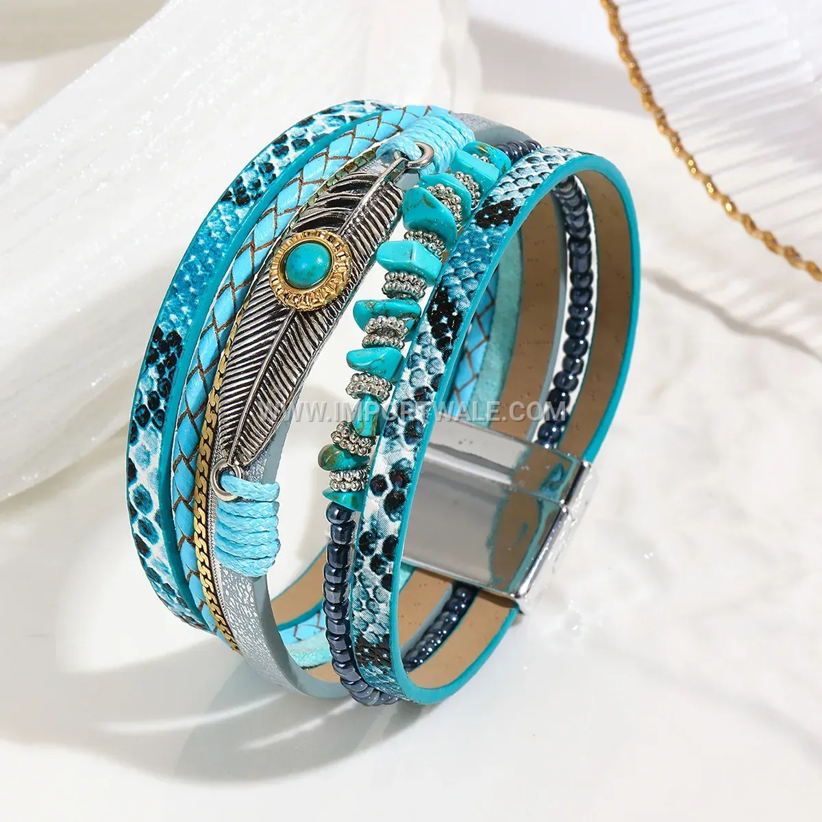 Bohemian Leather Feather Bracelet with Turquoise Accents