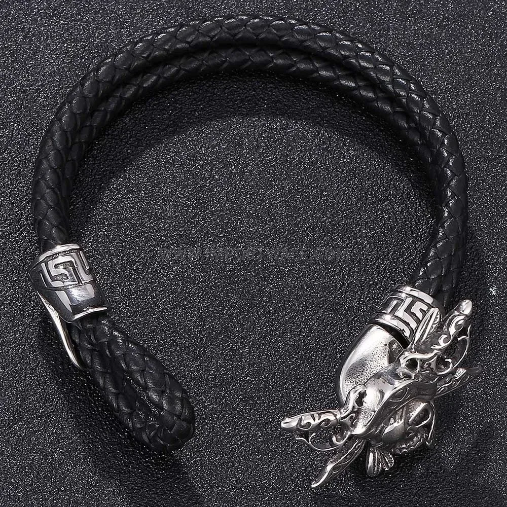 Vintage Double Strand Leather Pirate Skull Steel Bracelet