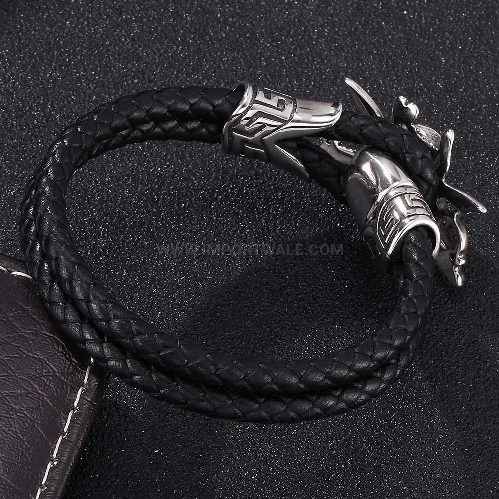 Vintage Double Strand Leather Pirate Skull Steel Bracelet