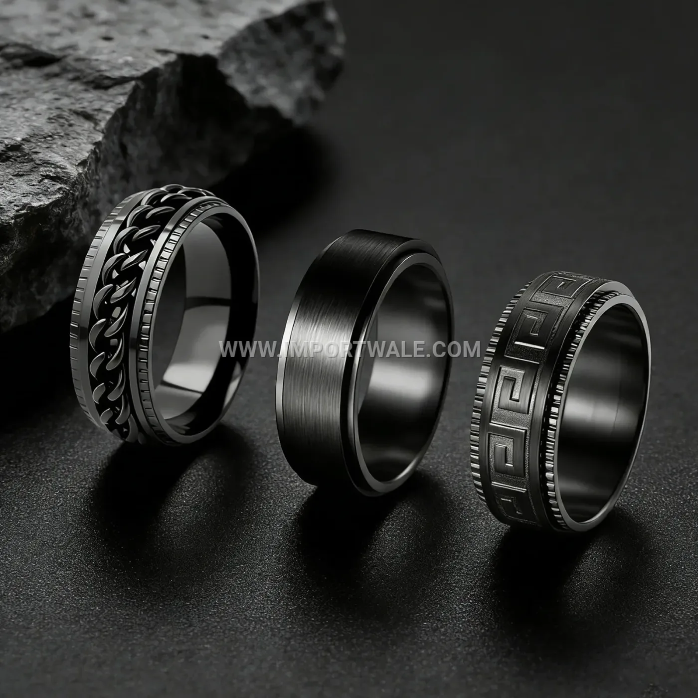 Men's Black Stainless Steel Rotating Chain Spinner Ring Set
