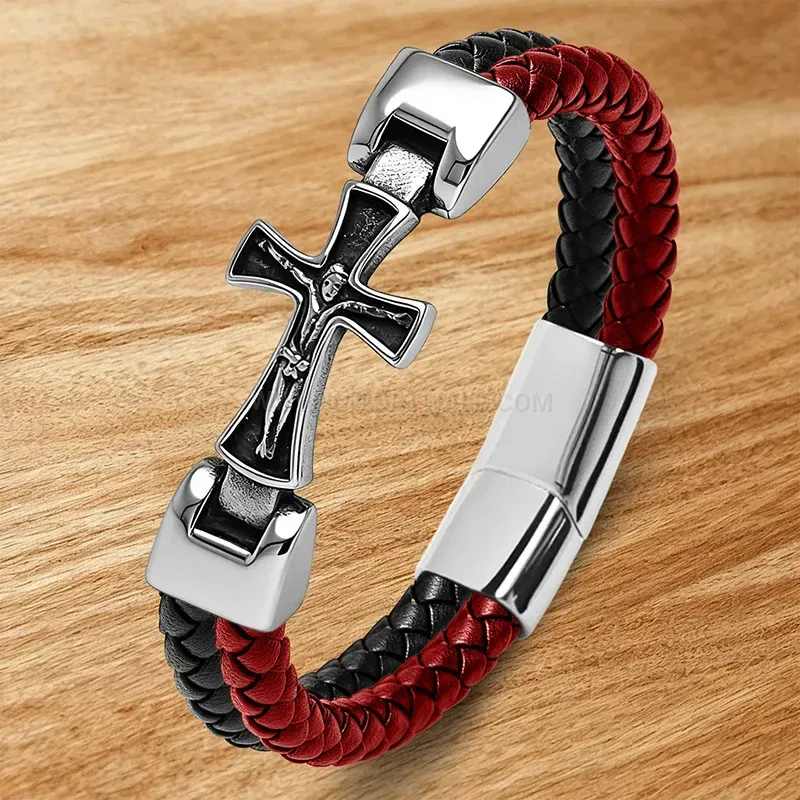 Premium Cross Element Stainless Steel Two Tone Leather Wristwear