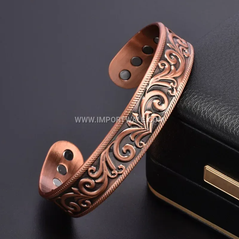 Vintage Vine Engraved Pure Copper Magnetic Open Cuff Bracelet