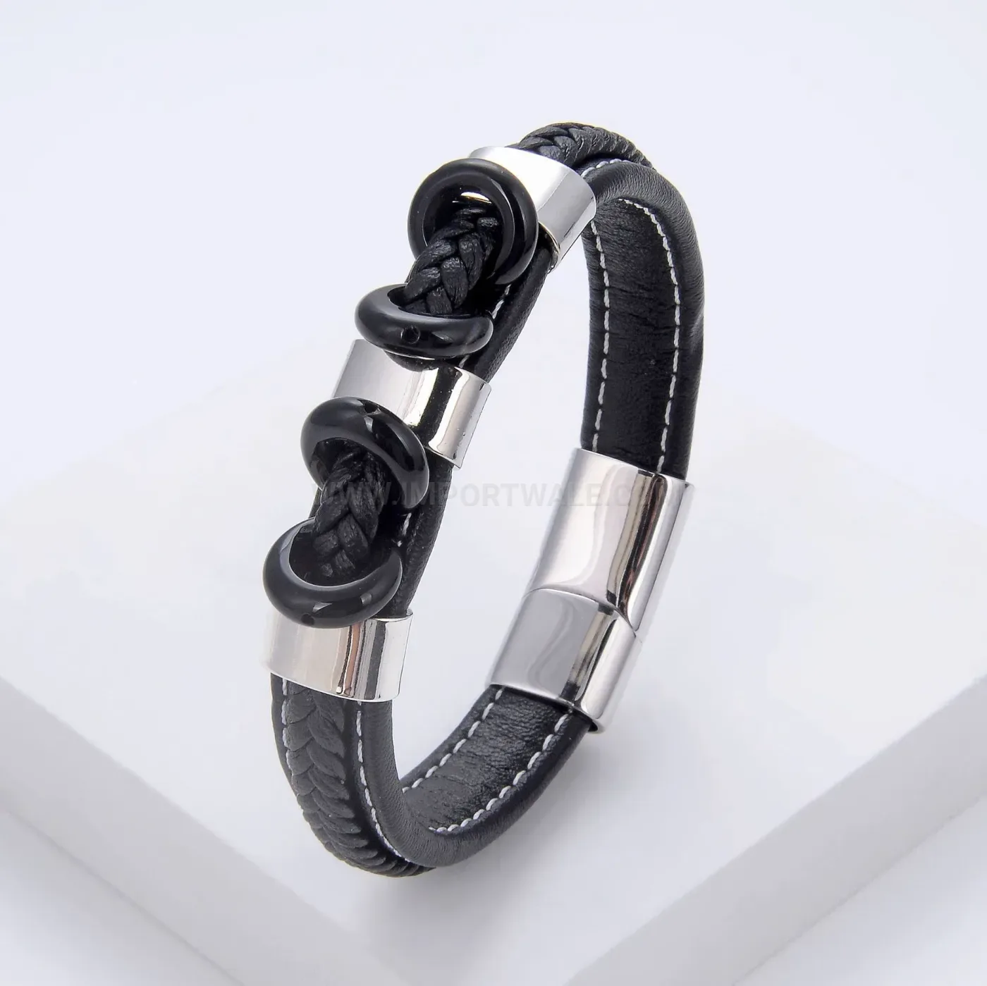 Braided Leather Stone Bead Bracelet With Stainless Steel Magnetic Clasp