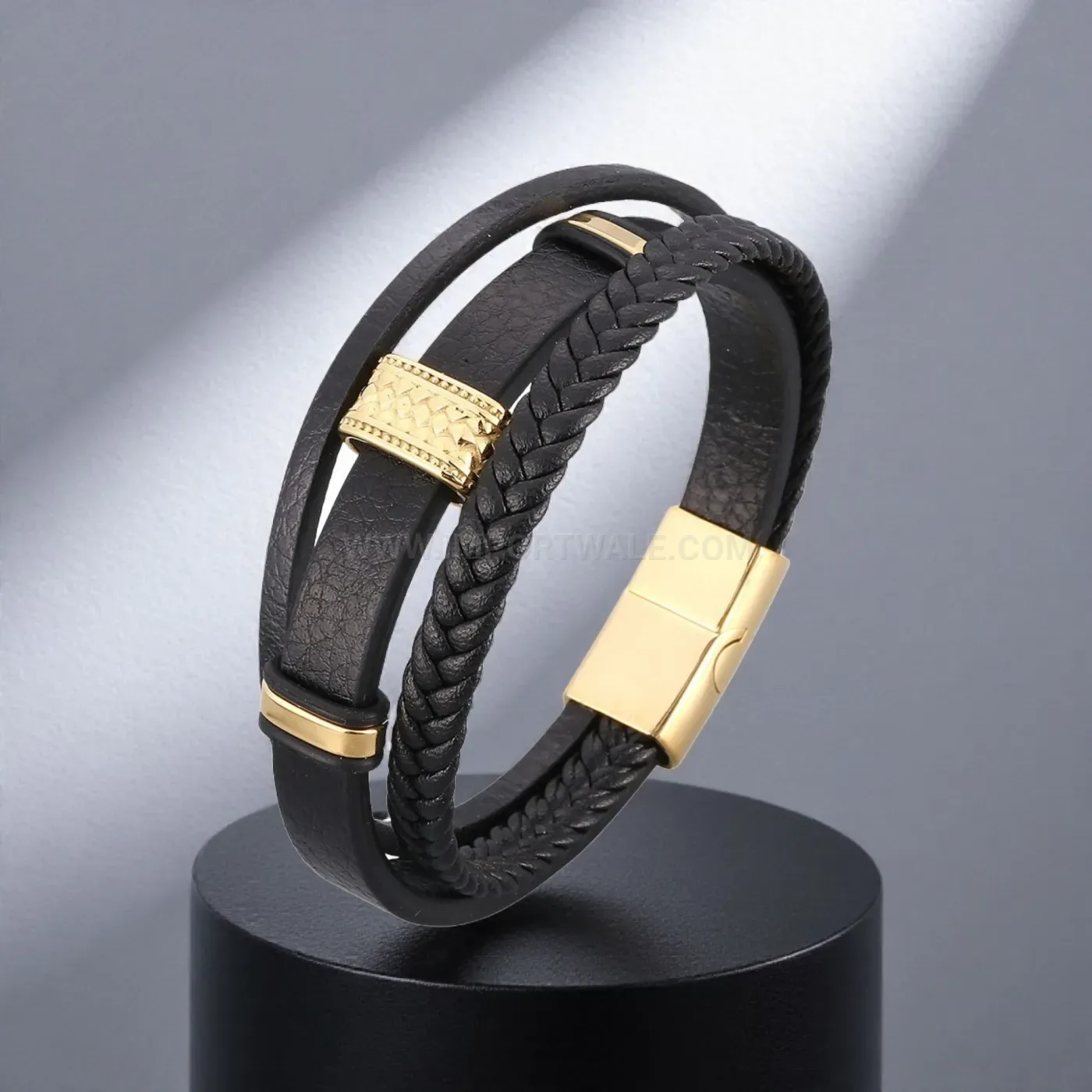 Multi-Strand Braided Leather Bracelet with Stainless Steel Accent