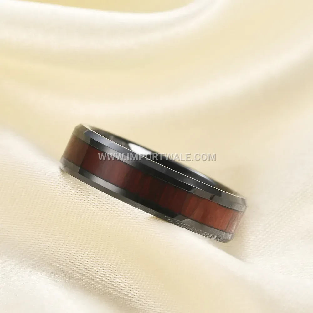 Black Stainless Steel Wood Grain Band Ring