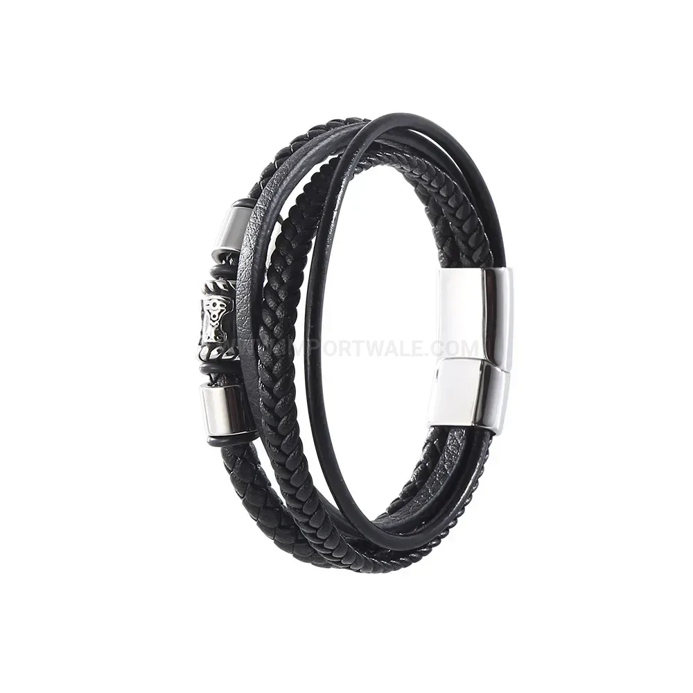 Multi Layer Woven Black Leather Bracelet with Stainless Steel Magnetic Clasp