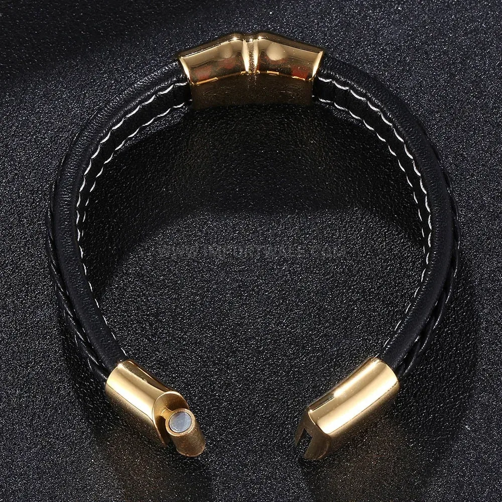 Braided Leather Wristband with Gold Tone Stainless Steel Clasp