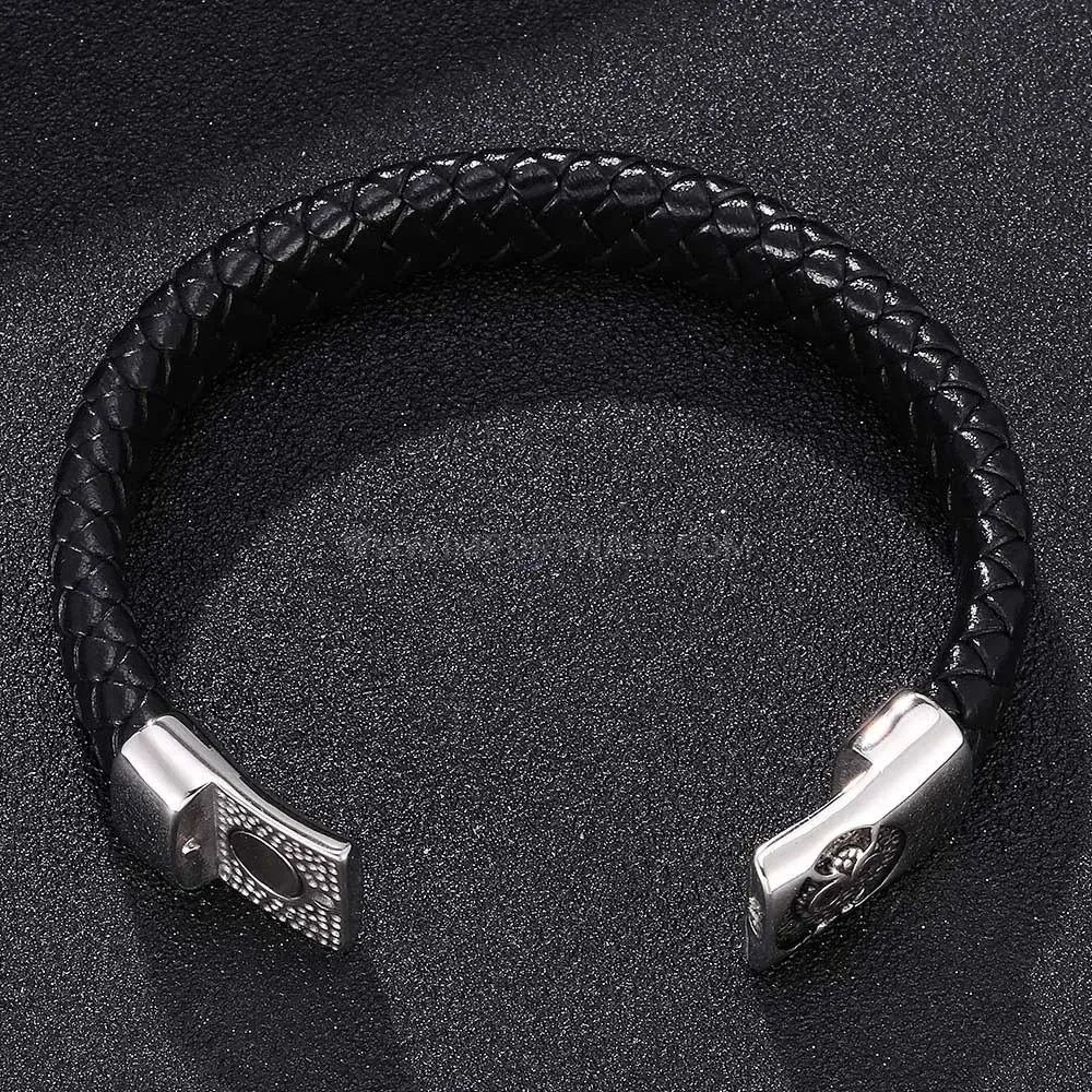 Black Leather Bracelet with Stainless Steel Owl Magnetic Clasp