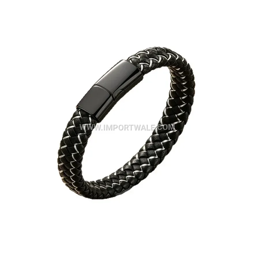 Braided PU Leather Wristband with Alloy Magnetic Clasp