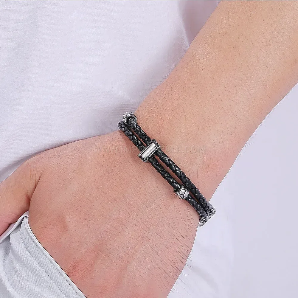 Double Layer Braided Black Leather Steel Accent Mens Bracelet