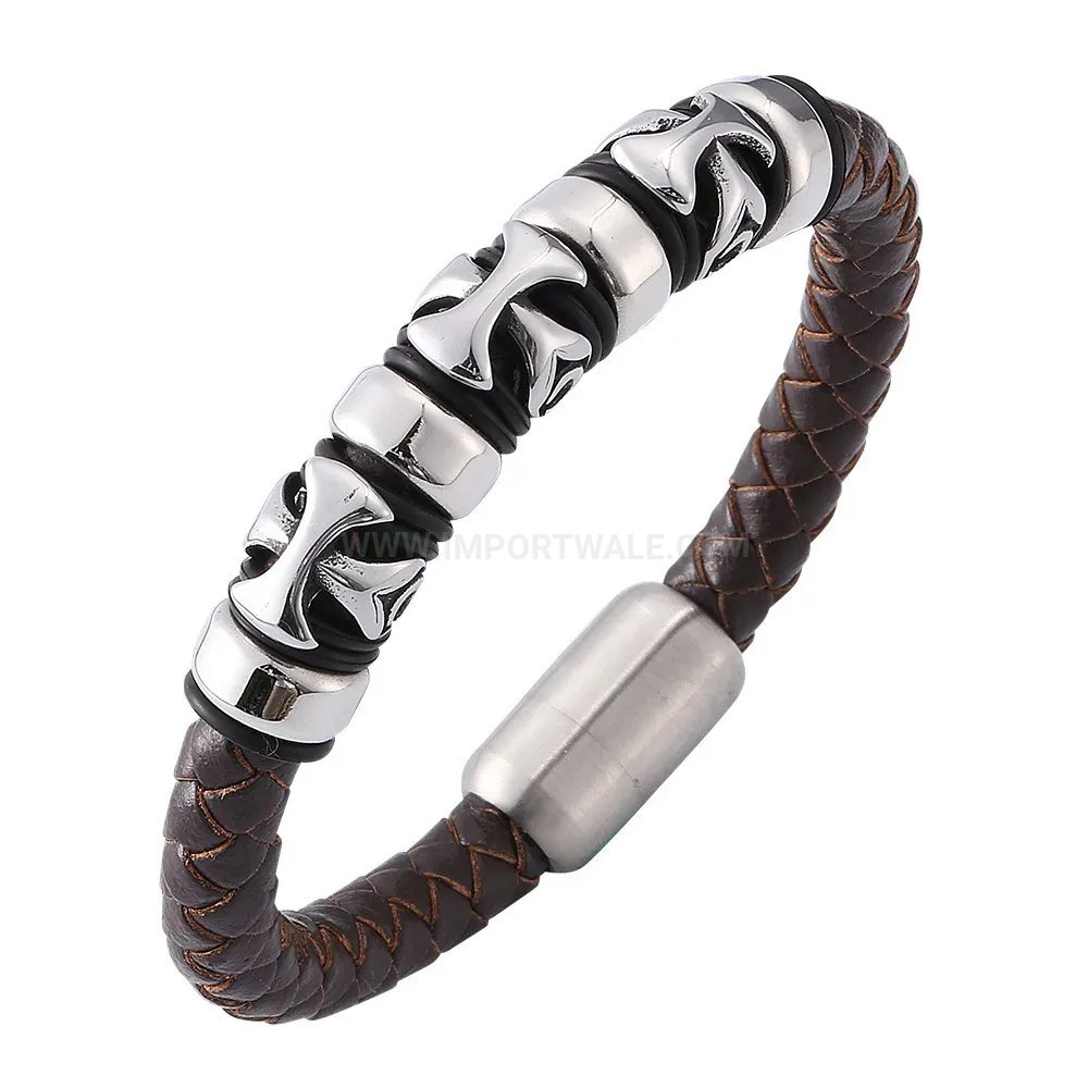 Modern Vintage Brown Leather Bracelet with Stainless Steel Cross Magnetic Clasp