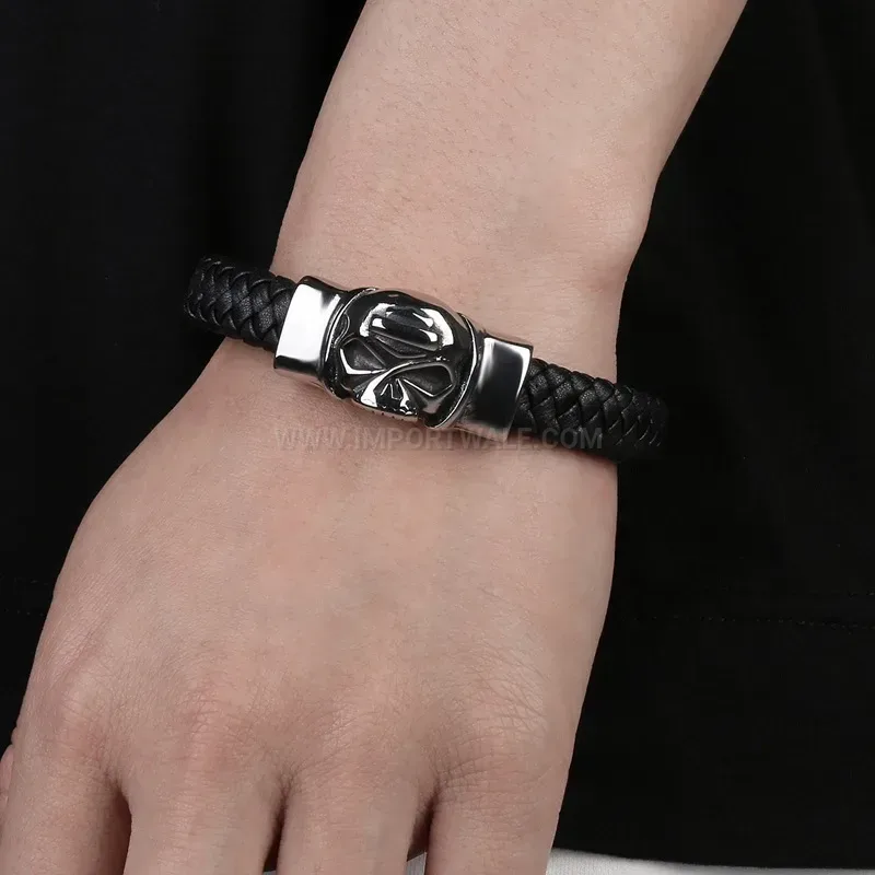 Bold Men's Stainless Steel Skull Accent Leather Bracelet