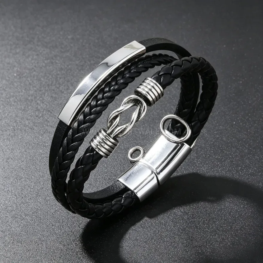 Bold Vintage Multi Layer Knotted Leather Bracelet with Curved Metal Accent