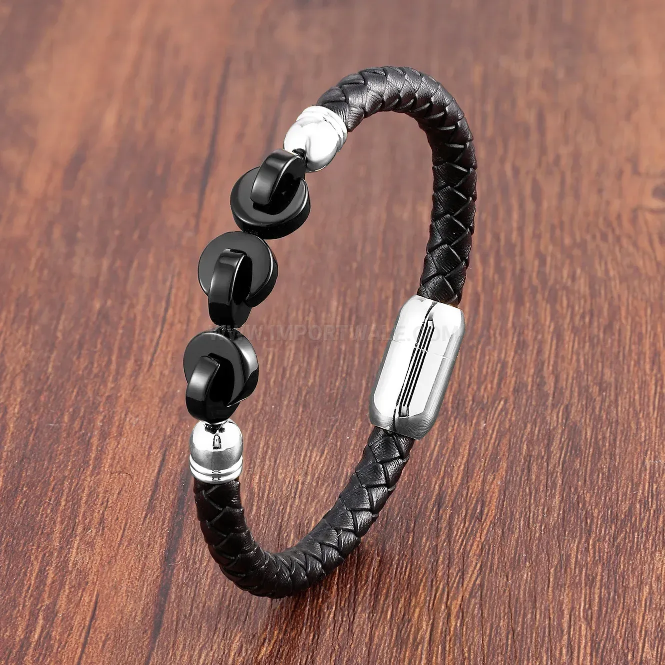 Braided Leather Stone Bracelet with Stainless Steel Clasp