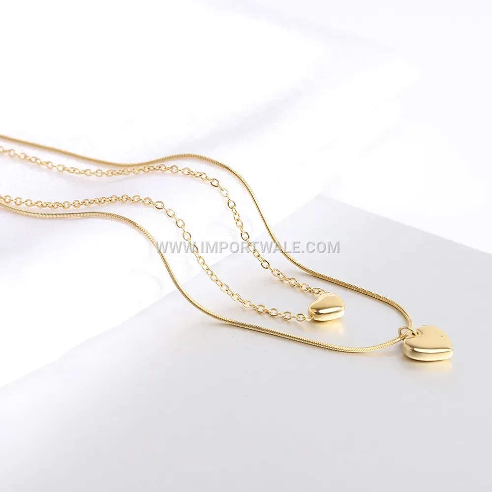 Double Layer Stainless Steel Heart Pendant Choker Necklace