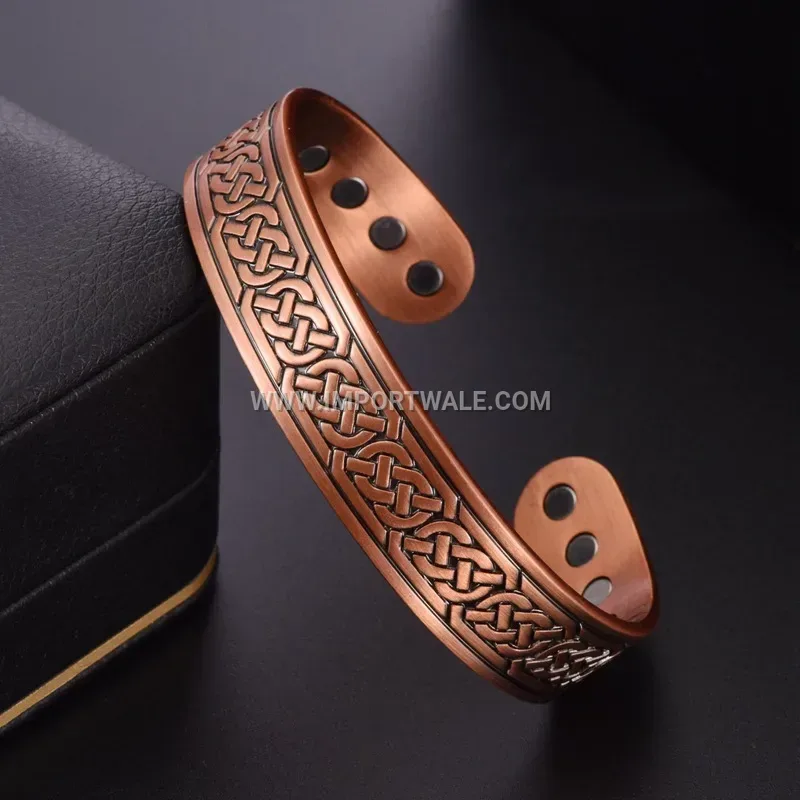 Vintage Patterned Pure Red Copper Magnetic Open Cuff Bracelet