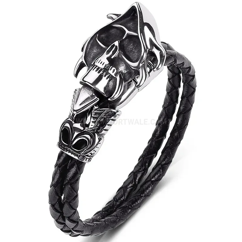 Premium Punk Style Leather Cord Bracelet with Stainless Steel Reaper Skull