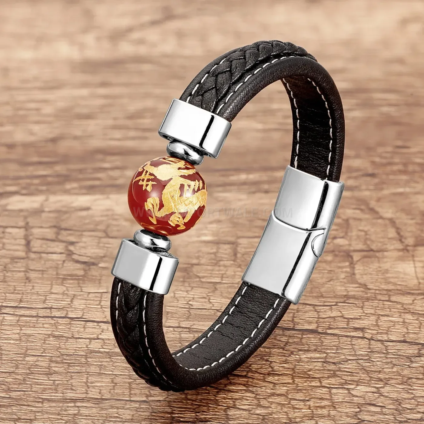 Braided Leather Dragon Pattern Stone Bracelet with Stainless Steel Clasp