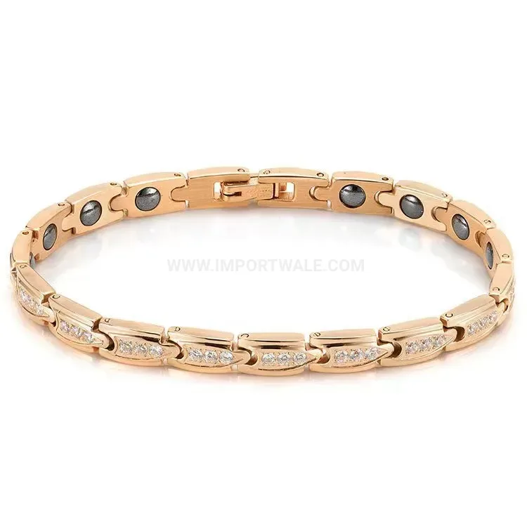 Rhinestone Encrypted Bio Magnetic Energy Bracelet in Rose Gold Stainless Steel