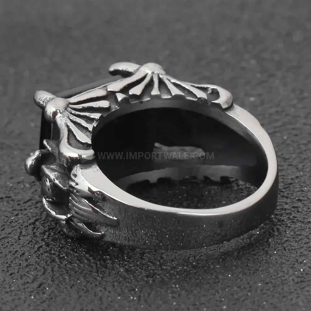 Modern Gothic Antique Stainless Steel Ring with Black Glass Stone