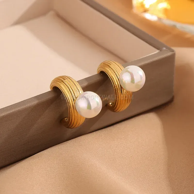Fashion Vintage 18K Gold Plated Stainless Steel Pearl Textured Hoop Earrings