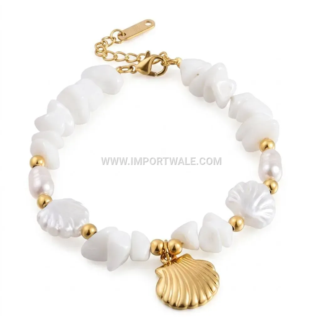 Zircon Starfish and Shell Motif Stainless Steel Bracelet