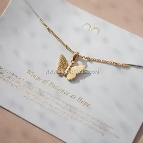 Gold Plated Stainless Steel Vintage Calligraphy Butterfly Pendant Necklace
